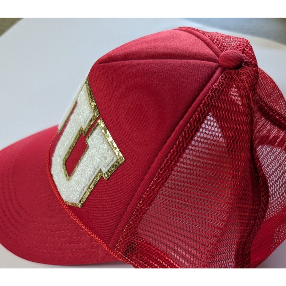 OU Oklahoma Sooners Red Mesh Snapback Trucker Hat Glitter Chenille Patches - Picture 2 of 4